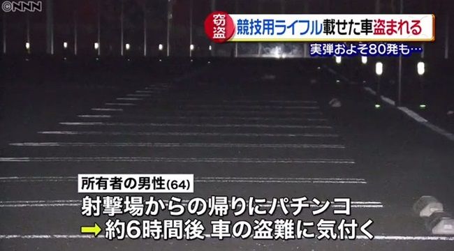 【茨城県】パチンコ店の駐車場で競技用ライフルと弾約８０発を積んだ車が盗まれる
